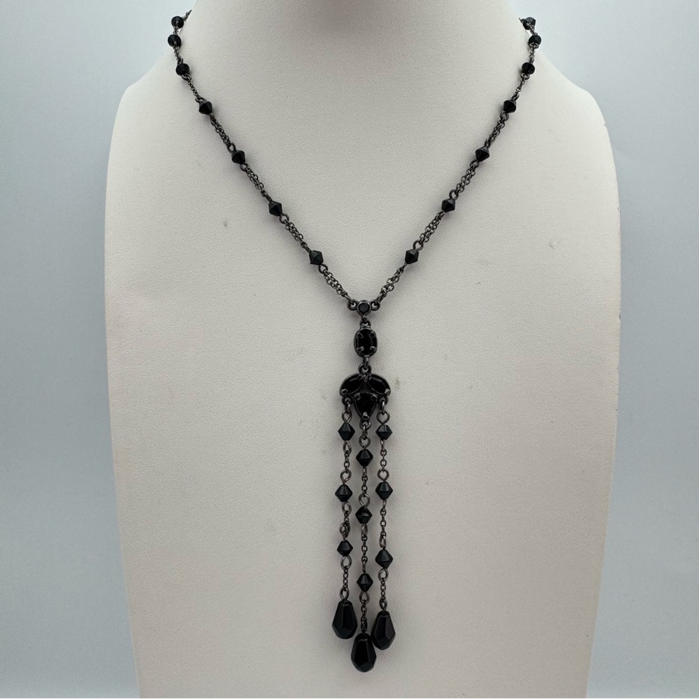 Gothic Style Black Crystal Beaded Y Necklace with Multi-Drop Tassel